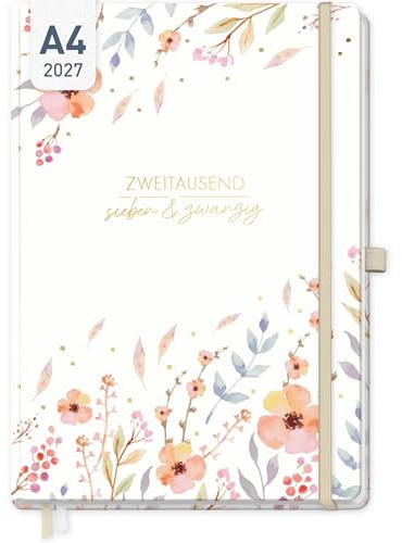 Häfft® Wochen-Notiz-Kalender 2027 A4 Sweet Flowers | Terminplaner & Notizbuch in einem, Wochenplaner Kalenderbuch, Notiz-Timer mit Hardcover, Goldprägung & Einstecktasche