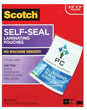 Scotch Self-Seal Laminating Pouches, No Laminator Needed, Letter Size 9.0 in x 11.5 in, 25-Pack