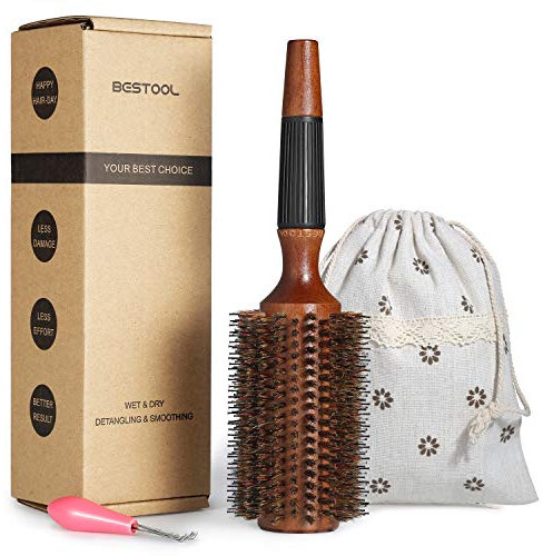 BESTOOL Rundbürste zum Föhnen, Wildschweinborsten Rundhaarbürste mit Holzfass, große runde Stylingbürste für Frauen und Männer, Glätten, Locken, Hinzufügen von Haar Volumen und Glanz (2.8 Inch)