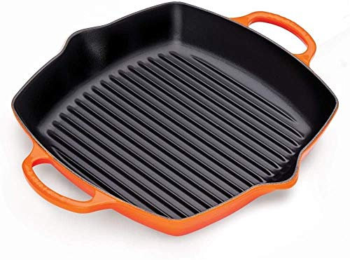 LE CREUSET Signature Hohe quadratische Grillpfanne aus Gusseisen mit Hilfsgriff, für alle Herdarten und Backöfen, 30 cm, Ofenrot, 20200300900422