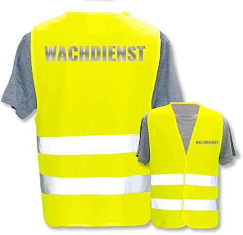 Bedruckte Warnwesten mit ISO-Leuchtstreifen * Standard- oder Reflex-Druck * Thema Sicherheit & Team, Warnweste Begriffe Security:Wachdienst (Reflektierend), Farbe + Größe:Gelb (XL/XXL)