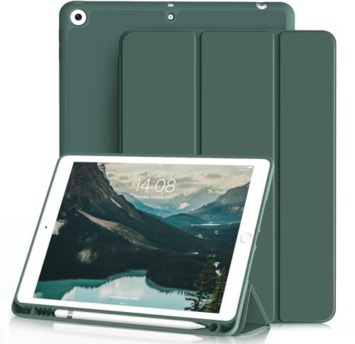 ZOYU Hülle für iPad 9. / 8. / 7. Generation 10,2 Zoll 2021/2020/2019 mit Stifthalter, Auto Schlafen/Wachen, Ultradünne Schutzhülle aus TPU mit Standfunktion für iPad 9/8/7, Dunkelgrün