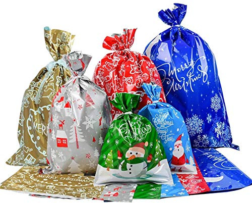 Weihnachtstüten mit Kordelzug 20 Geschenktüten für Weihnachten Geschenktaschen Weihnachtstüte im 4 Design Verschiedene Große Weihnachtstaschen Präsenttüten -20 Stück-