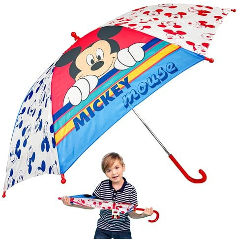 Kinder-Regenschirm, transparenter Stockschirm, Regenschirm für Jungen und Mädchen, POE Brolly für Unisex 3+Y, mit bemaltem Disney-Charakter Mickey Mouse (Fallschirm), Mickey Mouse (Fallschirm), Small