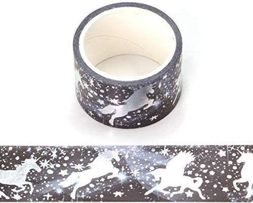 Washi-Klebeband mit magischen Einhörnern, Silberfolie, 30 mm x 5 m, 2 Rollen