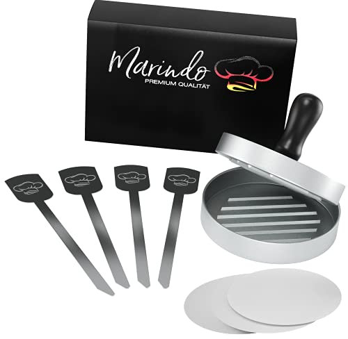 Marindo Burgerpresse Aluminium | Ø 12cm | Burgerpresse, 4X Burgerspieße & 60 Blatt Trennpapier | Anti Haft Hamburgerpresse, Burger Pattie Presse, Patty Former, Burgerpresse Set