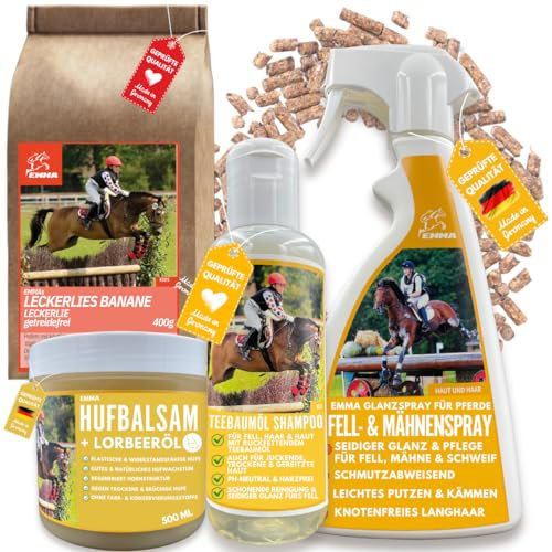 EMMA Pferde Leckerlies + Pferde Shampoo + Huffett Pferde + Mähnenspray für Pferde, Leckerli Pferd Banane - Schweifspray für Pferde - Hufpflege bei Strahlfäule Pferd Set 4tlg Pferde Mädchen Geschenk