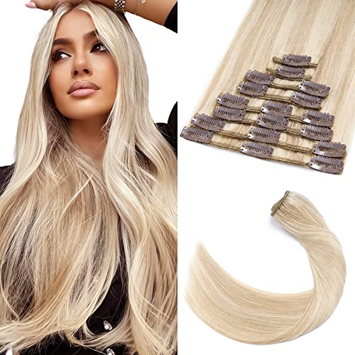 Elailite Voller Kopf Echthaar Extensions Clip Ombre -(8 Teiliges Set 18 Clips Clip Extensions Echthaar günstig) - glatt, 45cm 70g #18/613 Aschblond＆Gebleichtes Blond