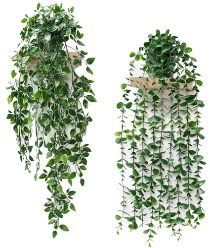 Artificial Plant Eucalyptus Set of 2 Decorative Artificial Hanging Plants | Dremisland Fake Ivy Vines Greenery with Pots Faux Trailing Plants for Home Garden Office Shelf Wall Decoration