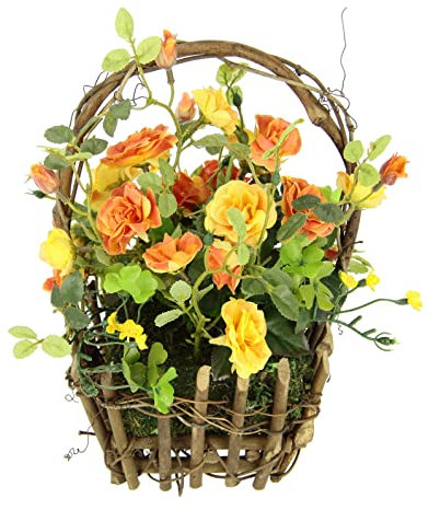 Flair Flower Rosen im Korb Rosenbusch Wildrosen Kunstblumen Blumen Künstliche Rosenköpfe Kunstrosen Blumenstrauß Deko Plastikrosen Seidenblumen Dekoblumen Grabschmuck, orange