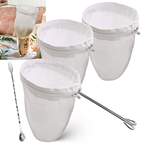 SNAIL GARDEN Thai Tea Filter Stainless Steel - with 2Pcs Replacement Coffee Tea Filter Bags+1 Mixing Bar Spoon, 5.4 Large Thai Tea Cotton Strainer with Handle & Zipper, Reusable Coffee Strainer