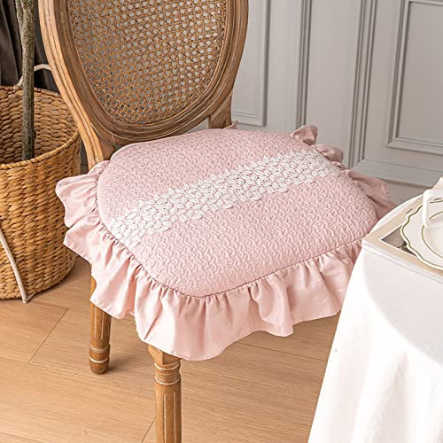 NCLOYN Spitzen Rüschen Stuhlkissen, Dickes Sitzpolster, Luxuriöse Dekorative Stuhlauflage mit Bändern, Elegantes, Rutschfestes Esszimmer Sitzkissen für Die Küche(4pcs 16x16inch, Pink)