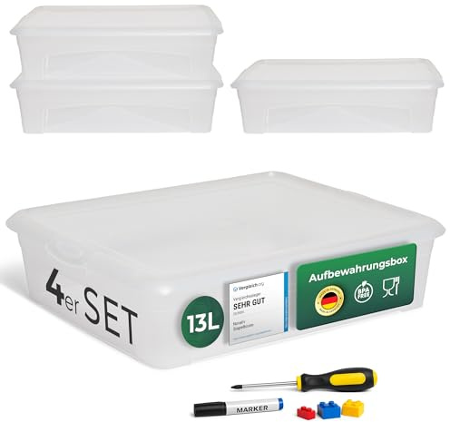 Novaliv 4x Aufbewahrungsboxen mit Deckel 13L transparente Boxen stapelbare Nestbar Storage boxes mit Clipverschluss Kunststoff BPA-frei 41x34x10 cm