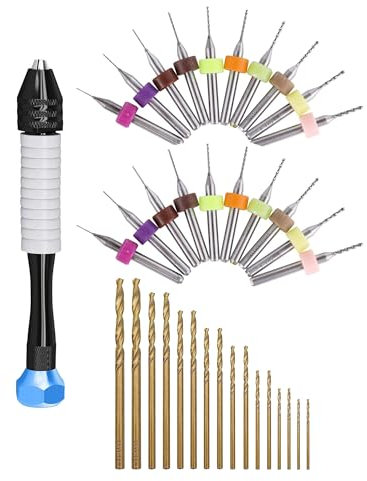 HUAZIZ 37 Pezzi Set Mini Trapano a Mano, Includi 16 Pezzi Punte Trapano Elicoidali, 1 Pezzi Trapano manuale, 20 Pezzi Mini Trapani per PCB, Set Utensili Foratura per Modellismo Fai-da-Te Craft Carving