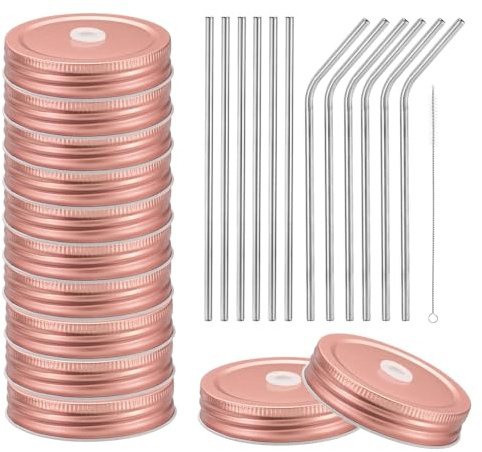 sourcing map 25pcs Stainless Steel Mason Jar Lids with Straw Hole, 70mm Metal Canning Lid Mason Storage Covers Caps with Silicone Ring/Straws/Cleaning Brush Rose Gold