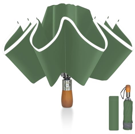 Pioggistar Regenschirm Sturmfest, Taschenschirm für Herren und Damen, Umgekehrter Regenschirme 10 Rippen, Holzgriff Regenschirm, Automatisch Auf und Zu, kompakt, Durchmesser 105 cm