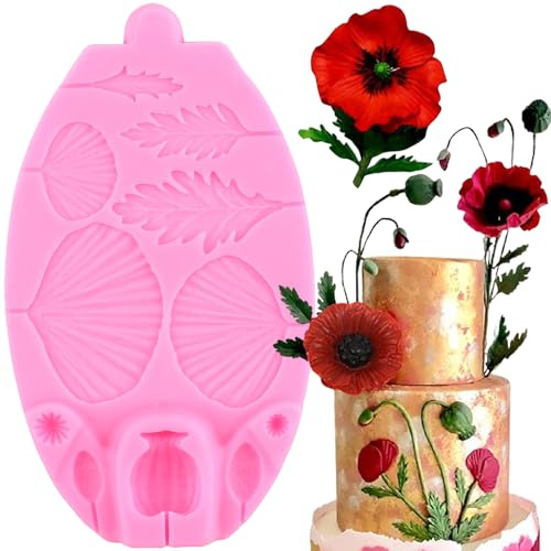 XMOLDNMS Moule en silicone en forme de fleur de coquelicot pour décoration de gâteau, décoration de cupcakes, chocolat, bonbons, pâte à sucre, argile polymère