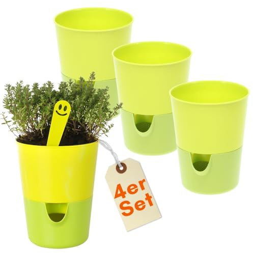 GarPet 4X Kräutertopf Selbstbewässernd Selbstbewässerungstopf Kräutertopf Küche Basilikum Topf Blumentopf mit Bewässerungssystem Fensterbank Grün 11 cm