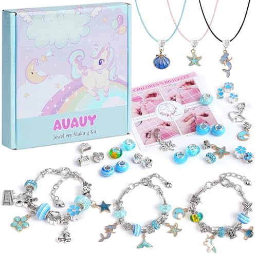 AUAUY Färgglada kristallpärlor DIY armband-Blå, med färglåda | Present för flickor 5-12 år gammalt barn, Berlocksarmbandstillverkningskit, Smycketillverkningssats för tjejer
