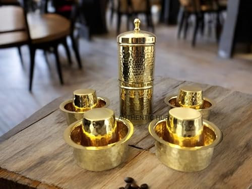 AUTHENTIC HUB Brass Coffee Filter & Dabara Set - 4-Cup Reusable Drip Coffee Filter - Matte Gold - 1.5L Capacity