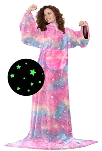 Kanguru Coperta con maniche Glow Arcobaleno, Si illumina al buio, in pile, Microfibra, con tasca centrale fantasia Rainbow Stelle, Singolo, 180x140cm, plaid letto o divano, regalo Natale o Compleanno