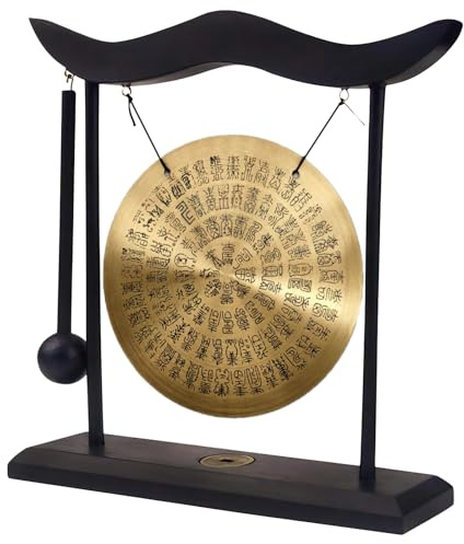 Brass Feng Shui Gong Hundred Longevity Character Gong Zen Art Desk Decor | Percussion Instruments Handmade Brass Gong with Stand & Striker for Home Office Ornament Housewarming Blessing Gift 19.8cm