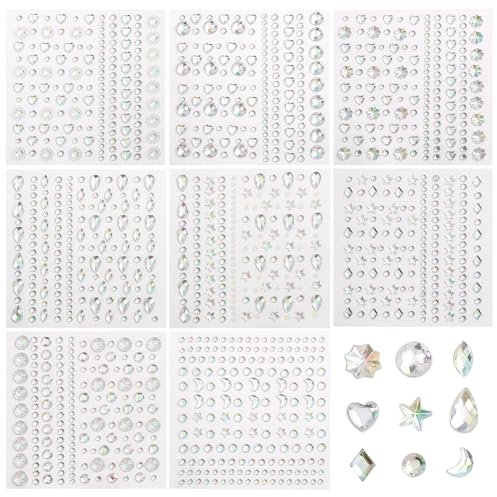 Naler 8 Blätter Glitzersteine selbstklebend, verschiedene Formen, Strasssteine Aufkleber für Make-up, Gesicht, Juwelen, Nagel-Edelsteine, Bauch, Körper Dekorationen, Urlaubszubehör, Handy-Kleidung