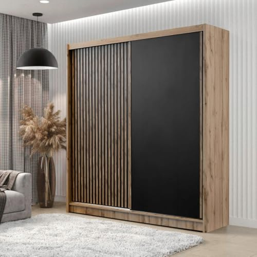 Easy4You London Eiche Wotan/Schwarz Kleiderschrank Schiebetüren 203x215x60 cm ohne Spiegel - Schlafzimmermöbel, Aufbewahrung – Mehrzweckschrank Geriffelte Fronten