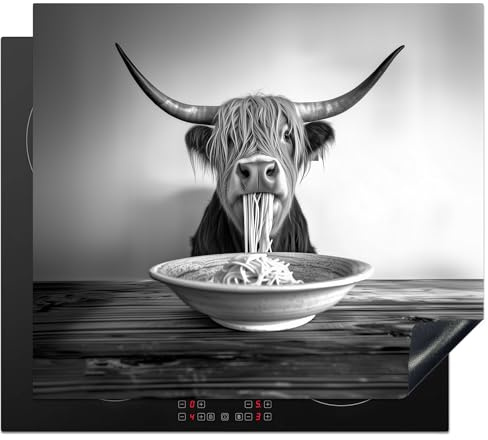 KitchenYeah© Herdabdeckplatte Einteilig Ceranfeld Abdeckplatte Küche Deko | 60x52 cm - Ceranfeldabdeckung Herdabdeckung Induktionsmatte Schottische Hochlandrind - Spaghetti - Schwarz und weiß
