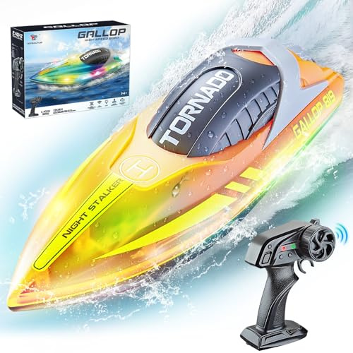 JONRRYIN Barco Teledirigido, 2.4GHz Barcos Teledirigidos con Luces LED y Alarma de Batería Baja, Barcos RC Regalo para Niños y Adultos (Orange)