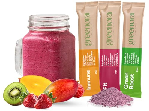 GREENORA Smoothie Vegano de Fruta Liofilizada, Mix de Sabores, Kiwi, Espirulina, Frambuesa, Melocotón y Plátano en Polvo, Ideal para Bowls y Recetas, Sin Azúcar, 9 Unidades (Sticks)
