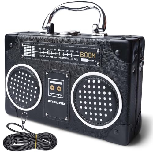 BAIFULAI Vintage Radio Geformte Umhängetasche, 19 x 12 x 5 cm Kassette Handtasche, PU Retro Schräge Kettenbeutel, Tasche Kassetten Schultertasche Frauen für 80er 90er Jahre Disco Party Dekoration