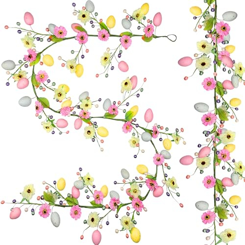 Ghirlanda pasquale artificiale con uova di Pasqua, 1,8 m, con fiori e bacche, decorazione per casa, caminetto, interni ed esterni, feste (rosa)