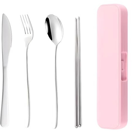 4 Pcs Travel Cutlery Set with Case, Reusable Stainless Cutlery Set with Knife Spoon Fork, Travel Cutlery for Picnic,Camping, School Office