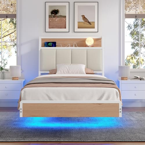 KIMENICH Bett 90 x 200, Bett mit LED-Beleuchtung, Polsterbett 90x200, Schwebender visueller Effekt, Ladestation, Bettgestell mit Lattenrost, für Schlafzimmer, Gästezimmer, Weiß