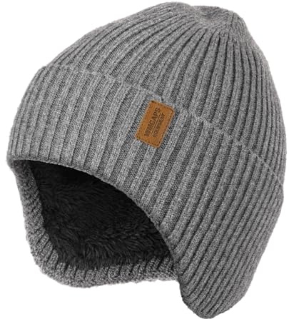 Wmcaps Winter Beanie with Earflap for Men Women, Thick Fleece Lined Soft Thermal Warm Unisex Knit Hat Woolly Hats for Outdoor Activity Gifts for Men Husband Dad Him, Grey