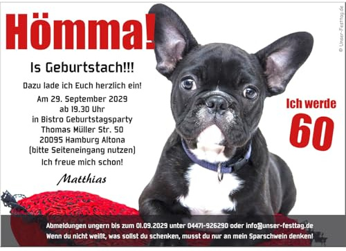 Einladungskarten zum Geburtstag Erwachsene, Mann, Frau, jedes Alter 40 50 | 60 70, zum selber drucken als digitale Datei (JPG), für Whatsapp oder gedruckt auf dicken Karton 1 - 200 Stück Hömma Hund