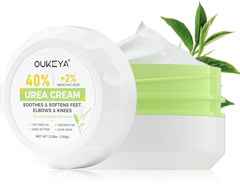 OUKEYA Urea Creme 40% mit 2% Salicylsäure, Fusscreme Feuchtigkeit & Reparatur für Trockene, Füße, Fersen, Knie, Urea Handcreme für Hände, Fußcreme, Hornhautentferner, Entfernt Hühneraugen (150g)