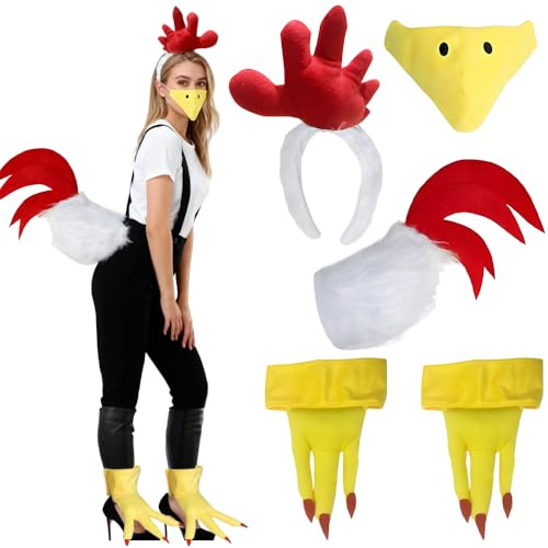 NAVESO Disfraz de Pollo, 1 Conjunto Disfraz Gallina Adulto con Diademas, Nariz, Patas y Cola, Disfraces Adultos Divertidos para Cosplay Fiesta de Disfraces Canival de Pascua y Halloween