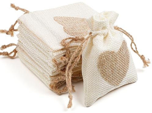 DOPENSPI 14 Stück Jute Beuteln,Kleine Säckchen Zum Befüllen 8 × 10cm Stoffbeutel Jutesäckchen mit Kordelzug Geschenktasche mit Herz Leinenbeutel Stoffsäckchen für Hochzeit Weihnachten Party(Weiß)