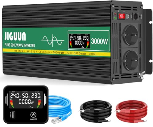 JIGUUN 3000W Convertisseur 24V 220V Pur Sinus Onduleur transformateur | Puissance crête 6000W avec Télécommande Écran LCD 2 Prises EU 1 Port USB pour Voiture Camping Voyage Urgence