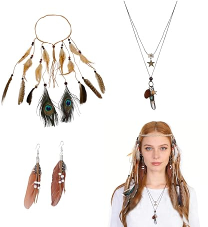 Kinwers Boho Kostüm Damen,3 Set Braun Schmuck Feder Ohrringe Vintage Style für Karneval Faschingskostüme Damen