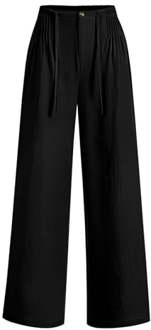 LOMON Women's Pants Cotton Linen Pants Elastic High Waisted Wide Leg Trousers Casual Loose Palazzo Slacks with Pockets Black