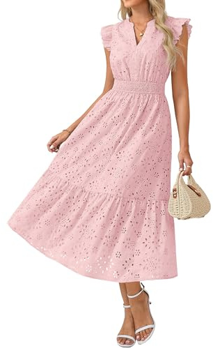 GRACE KARIN Women's Casual Dress with Flutter Sleeves, Henley V-Neck Summer Dress, Lightweight Calf-Length Midi Pink M