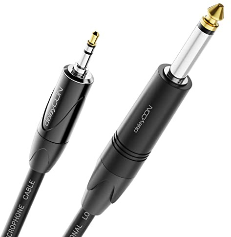 deleyCON 1,5m Cavo Jack 6,35mm Mono a 3,5mm Stereo AUX - Qualità Studio - in puro Rame OFC (AWG24) - per Chitarra Elettrica Basso Amplificatore Mixer Tastiera | Qualità da studio, in puro rame OFC, AWG24, per chitarra elettrica, basso, amplificatore, mixer e tastiera