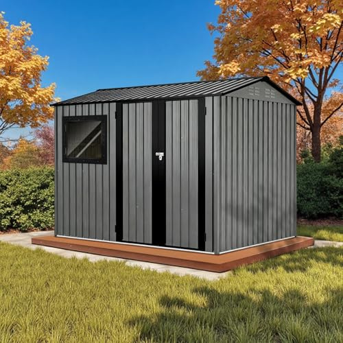 Metall Gerätehaus 2,4 x 1,8 m mit Fundamentrahmen, Gartenhaus Wetterfest mit Fenster und Abschließbarer Tür, Verzinkter Stahl Schuppen für Garten, Anthrazit