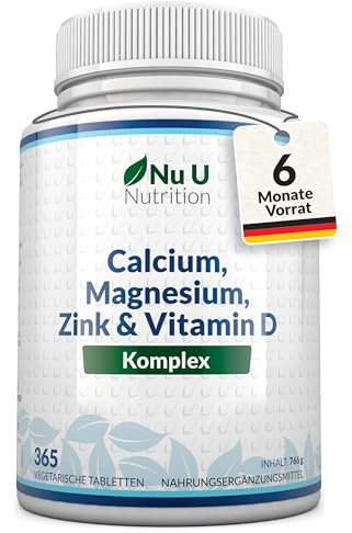 Calcium Magnesium Zink Hochdosiert - 365 Vegetarische Tabletten - 6 Monate - Kalzium Complex mit Vitamin D, Selen, Mangan, Bor & Kupfer - 800mg Calciumcarbonat pro Tagesdosis - Nu U Nutrition