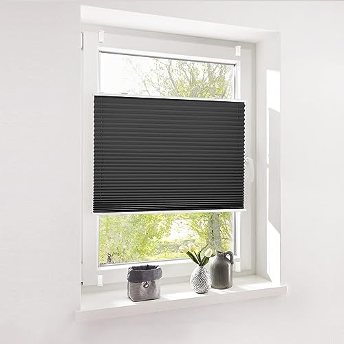 Deswell Plissee ohne Bohren Plisseerollo klemmfix Schwarz B70 x H120 cm Plisseerollo Stoff Sonnenschutz Leicht zu Montieren & Verspannt kinderleichte Montage 4Locks für Fenster & Tür