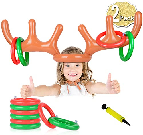 AniSqui 2 Set Aufblasbares Rentiergeweih-Spiel, Aufblasbarer Rentier-Geweihhut mit Ringen, Familien-Weihnachtsparty-Spiele