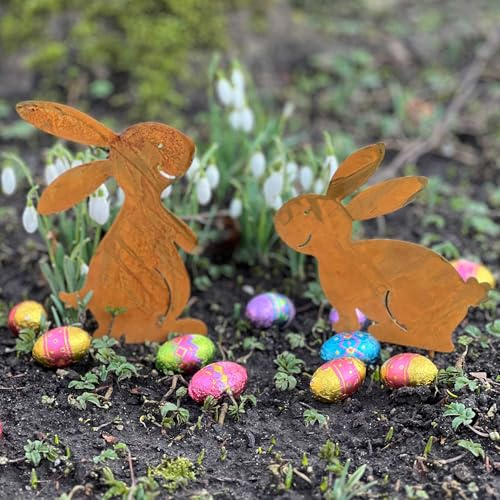 Storm's Gartenzaubereien Gartenstecker 2 Hasen - Osterhasen 2 Modele 13cm in Rostoptik zum Stecken für die Osterdeko